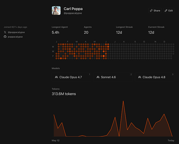 Screenshot of a professional Cursor profile page for user 'poppacalypse' showing personal, skills, and statistics sections.