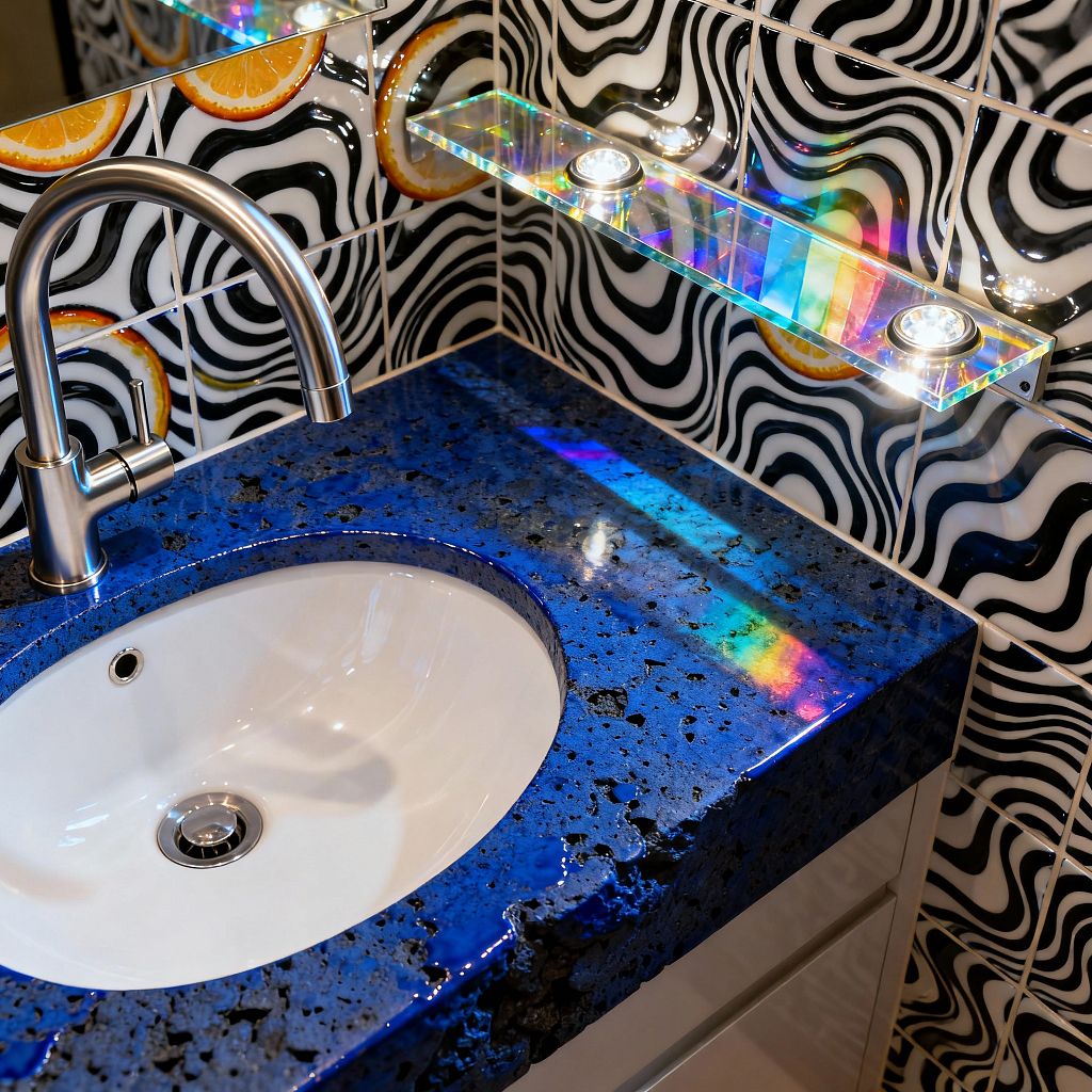 A compact kitchen sink area features a vivid cobalt-blue speckled stone countertop with an oval white basin and a brushed stainless gooseneck faucet. The backsplash uses black-and-white wavy op-art ceramic tiles with scattered orange-slice motifs, while a clear acrylic floating shelf with two integrated puck lights casts rainbow reflections across the glossy tiles and counter, creating a playful, high-contrast atmosphere.