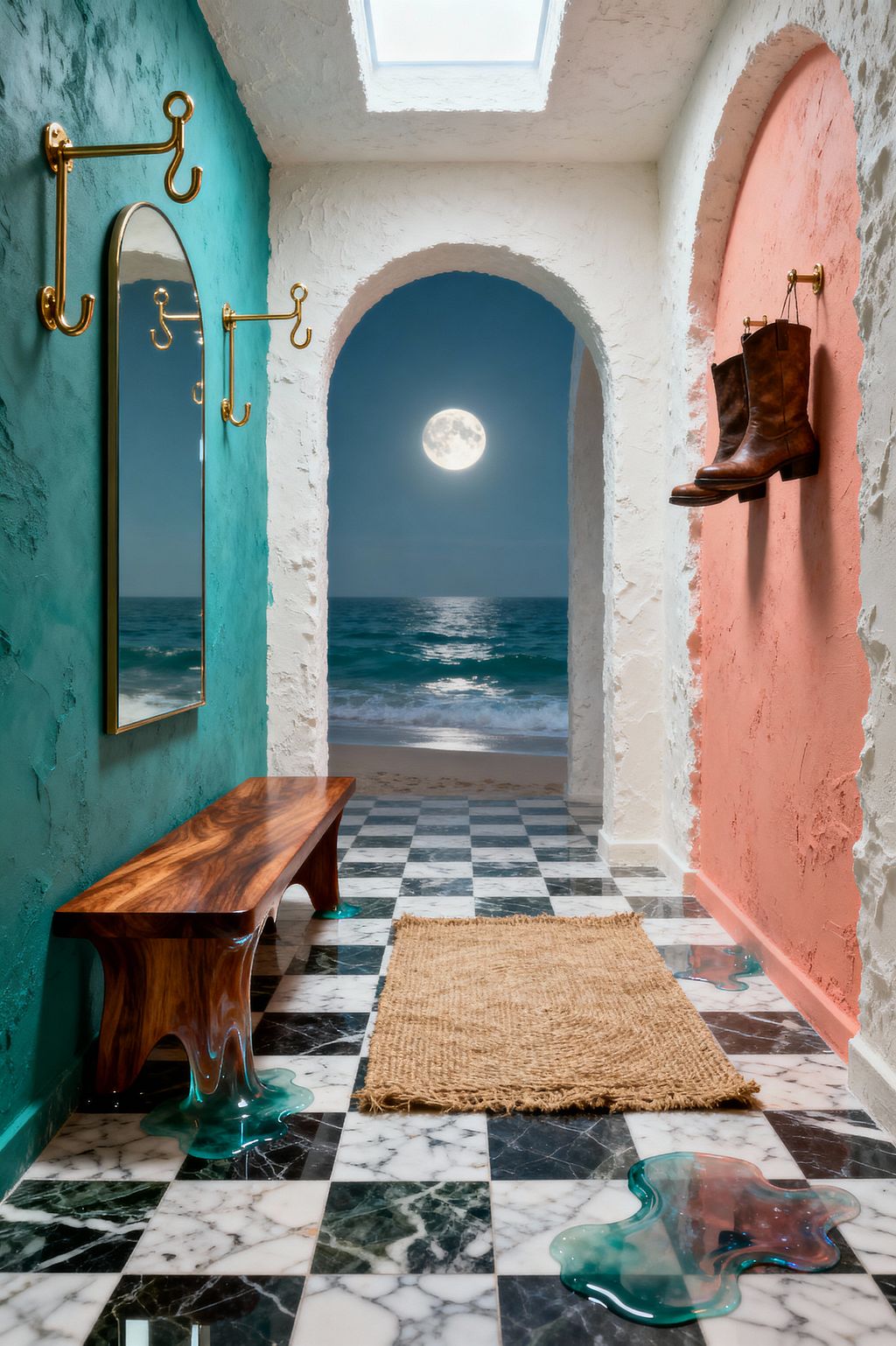 A surreal mudroom with rough white arches opens to a moonlit ocean view, the full moon centered above gentle waves. Inside, a black-and-white marble checkerboard floor, teal and coral stucco walls, brass hooks, an arched brass mirror, a live-edge walnut bench seeming to melt into aqua resin puddles, and a jute runner sit beneath a skylight, while a pair of boots hangs high on the right wall.
