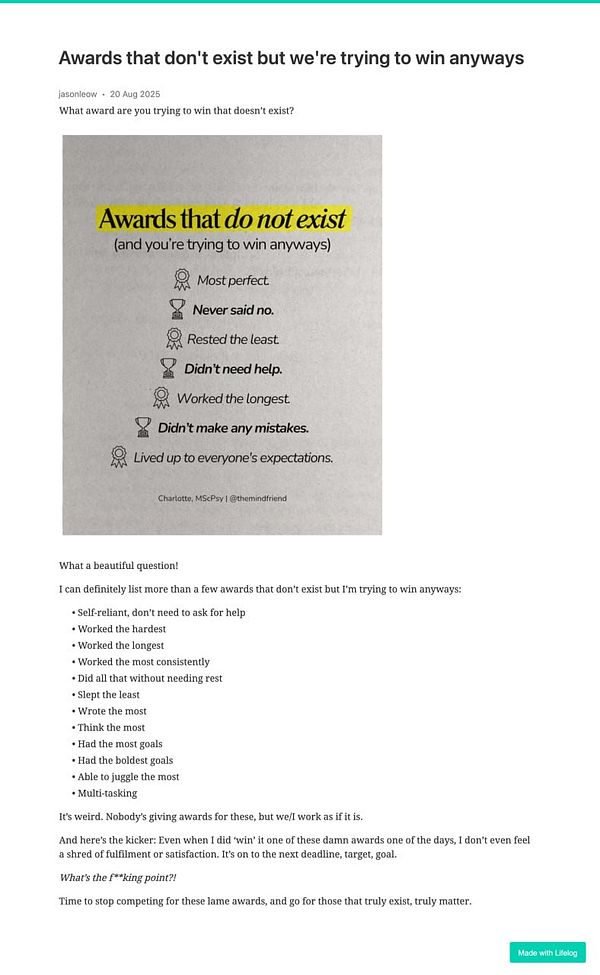A humorous post discussing non-existent awards people strive for, featuring a list of these awards.