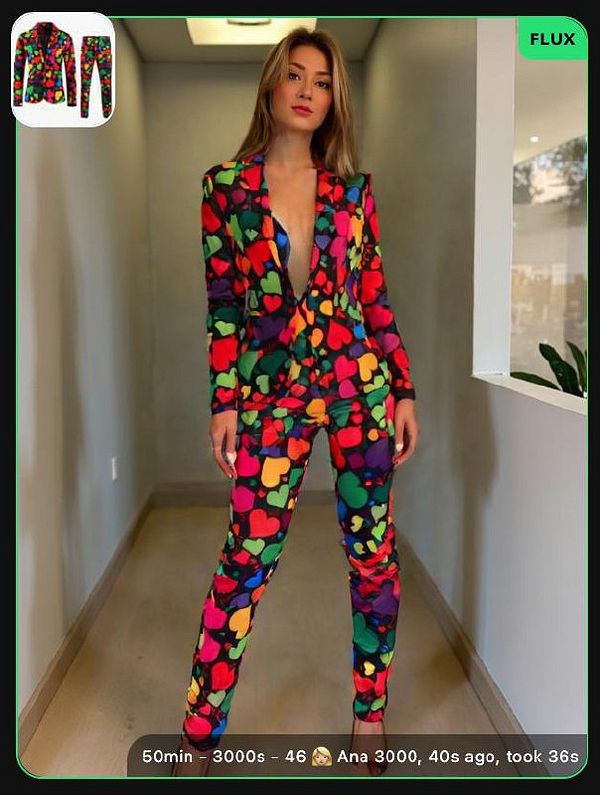 A model poses in a vibrant, heart-patterned suit in a modern interior setting.