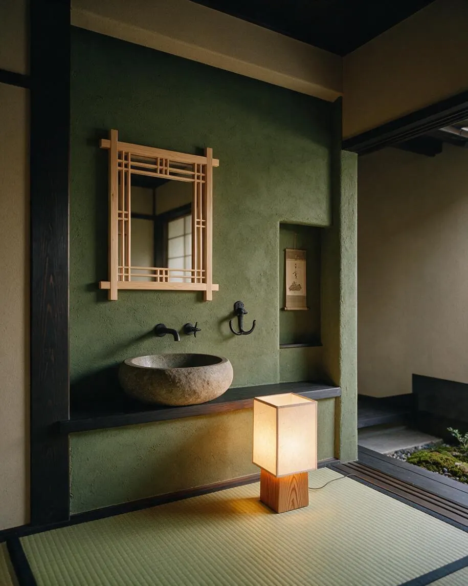 A Japanese Zen powder room with a textured green plaster wall, a round stone vessel sink on a dark ledge, and matte black wall faucets. A light wood lattice mirror hangs above the basin, while a soft glowing floor lantern sits on a tatami mat floor near an open threshold to a small garden view.