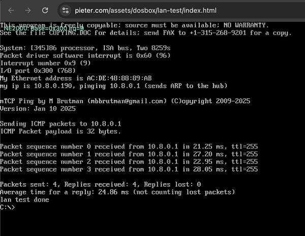 Screenshot of a DOS prompt window showing a virtual Ethernet network hub interface with a list of connected devices and a networking status window.