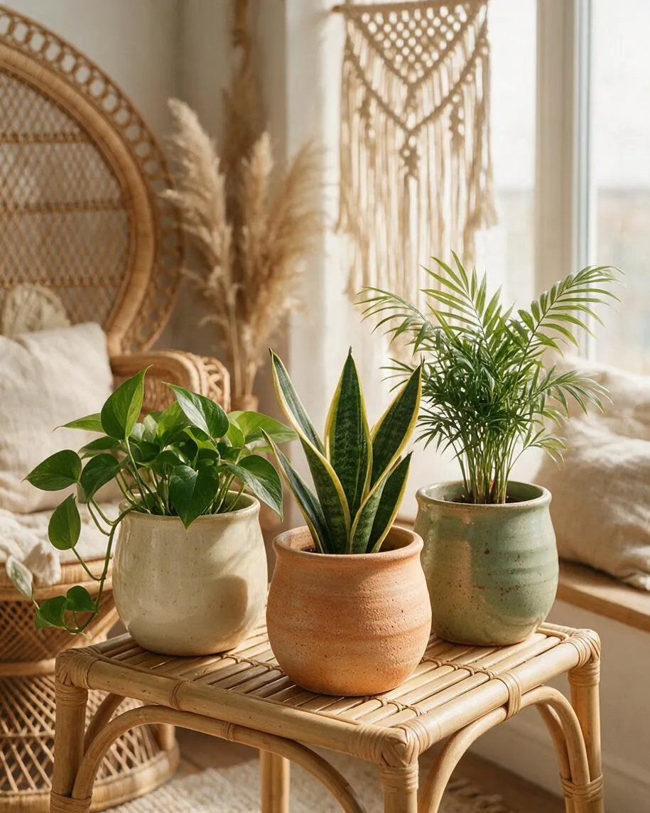A bright bohemian corner with three potted houseplants arranged on a small bamboo and rattan table. Behind them are a woven peacock chair, a macrame wall hanging, dried pampas grass, and soft neutral cushions beside a sunlit window.