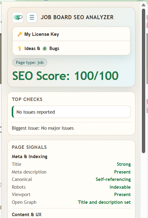 Screenshot of a browser extension menu showing license key management and various feedback and project links.