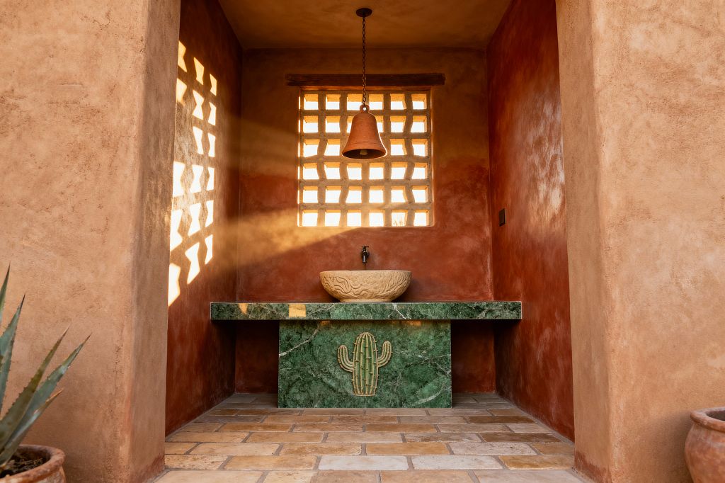 A Southwestern-style laundry alcove features clay-plaster walls in warm terracotta, a green marble console with a carved cactus relief, and a textured stone vessel sink with a dark bronze wall-mounted faucet. A terracotta bell pendant hangs before a square breeze-block window, casting geometric light across Saltillo tile flooring and emphasizing the room’s earthy materials and handcrafted details.