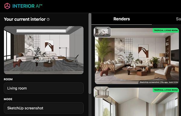 The image displays a user interface for an interior design application showcasing a living room design.