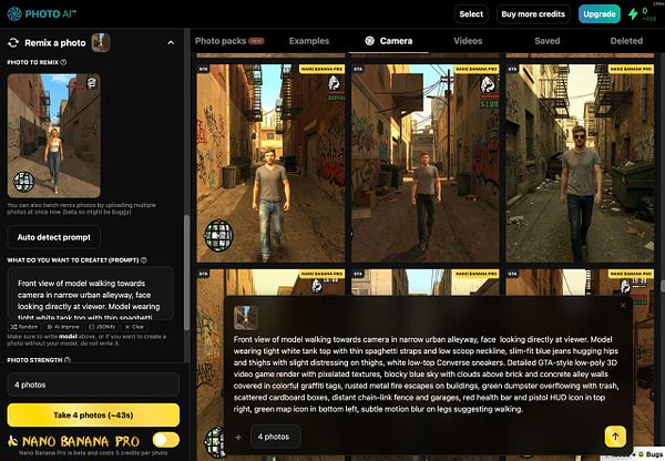 The image displays a user interface for a photo remixing application featuring a narrow urban alleyway scene with multiple model photos.