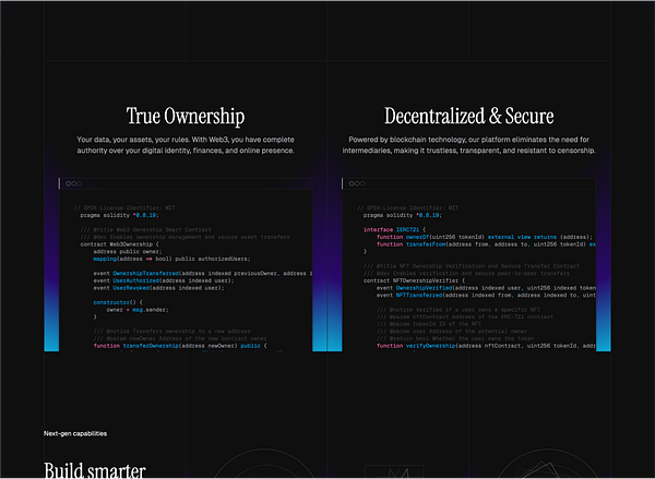 The image features a sleek, modern design showcasing code snippets related to Web3 ownership and security.