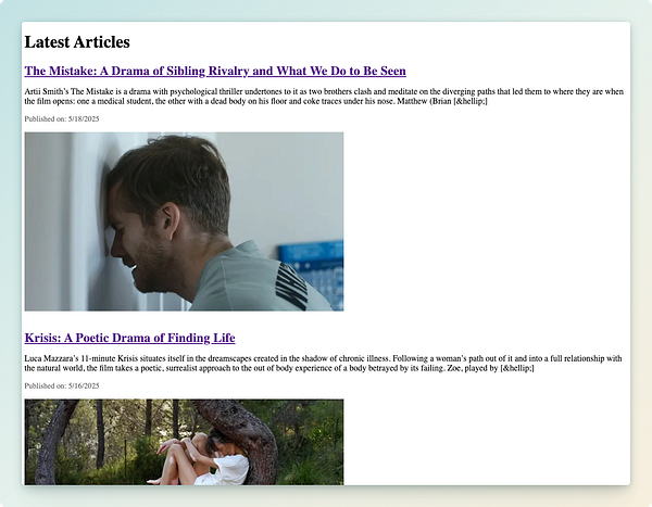 The image displays a webpage featuring the latest articles related to indie short films.