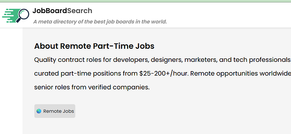 The image displays a webpage from JobBoardSearch focused on remote part-time job opportunities.
