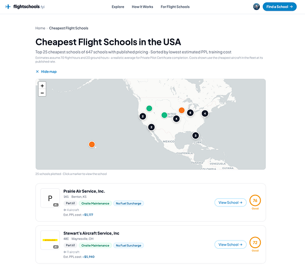 Screenshot of the 'Cheapest Flight Schools' webpage displaying a list of top flight schools with detailed information and a map on the right side.
