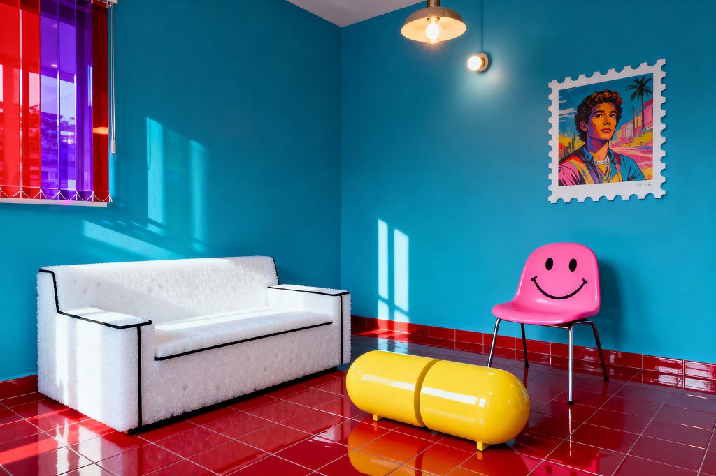 A vivid pop art living room with electric teal walls and a glossy cherry-red tiled floor. At left, a white textured sofa with black piping sits below red and purple vertical blinds that cast colored shadows; a shiny yellow capsule coffee table stands in front, a hot-pink molded chair with a smiley graphic and chrome legs sits near a framed pop-style portrait, lit by a brass pendant and a small wall light.