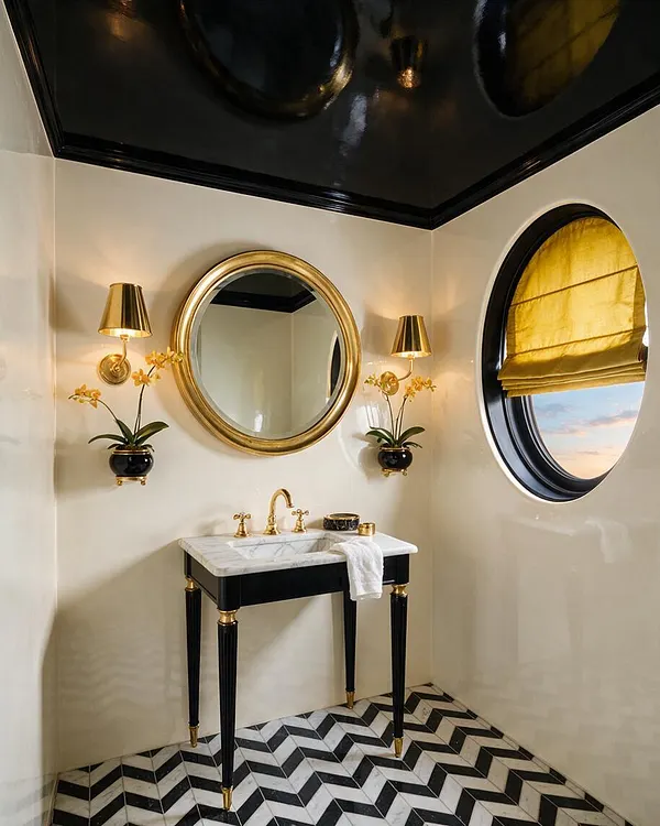A small powder room with a glossy black ceiling, cream walls, and a round gold-framed mirror centered above a marble-top vanity. Black-and-white chevron tile covers the floor, while matching brass wall sconces and small orchid planters add a polished Hollywood Regency look. A round porthole-style window with a gold Roman shade brings in warm natural light.