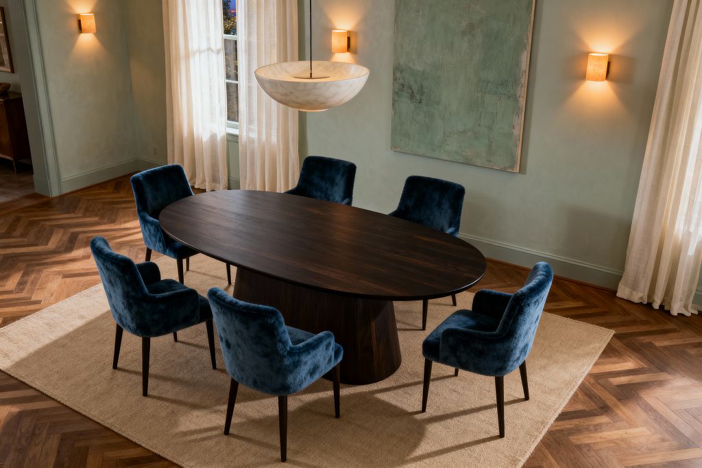 A transitional dining room with a dark walnut oval table on a conical pedestal, surrounded by six deep blue velvet armchairs placed on a beige rug over herringbone wood flooring. The space features sage-green plaster walls with a large abstract artwork, linen sheer curtains at tall windows, a large alabaster bowl pendant above the table, and two warm-glow wall sconces that add soft ambient light.