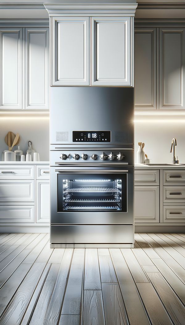 A sleek, modern stainless steel stove set in a bright, contemporary kitchen, surrounded by matching appliances and white cabinetry.
