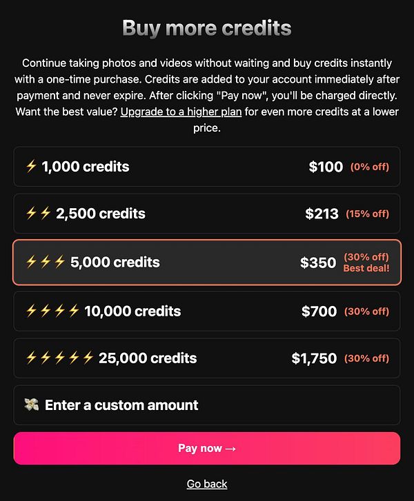 Screenshot of a webpage showing a dark-themed single top-up page with a black call-to-action button having a black border on a black background.