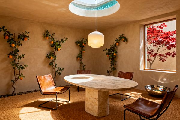 A biophilic dining room with an oval travertine pedestal table and four cognac leather sling chairs on cork flooring. Lime-plaster walls are lined with espaliered citrus trees bearing fruit, a frosted glass pendant hangs beneath a circular skylight, and a wood-framed window reveals red maple foliage beside a reflective metal bowl, all bathed in warm natural light.