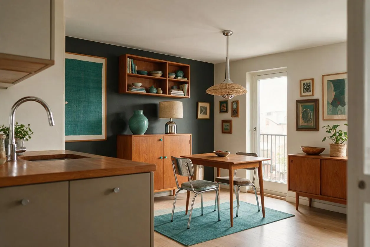 A warm eclectic dining room with a small wood dining table and two metal-framed chairs on a teal area rug. The room features a dark accent wall with framed art, wood storage cabinets, a woven pendant light, and a bright glass door bringing in natural light.