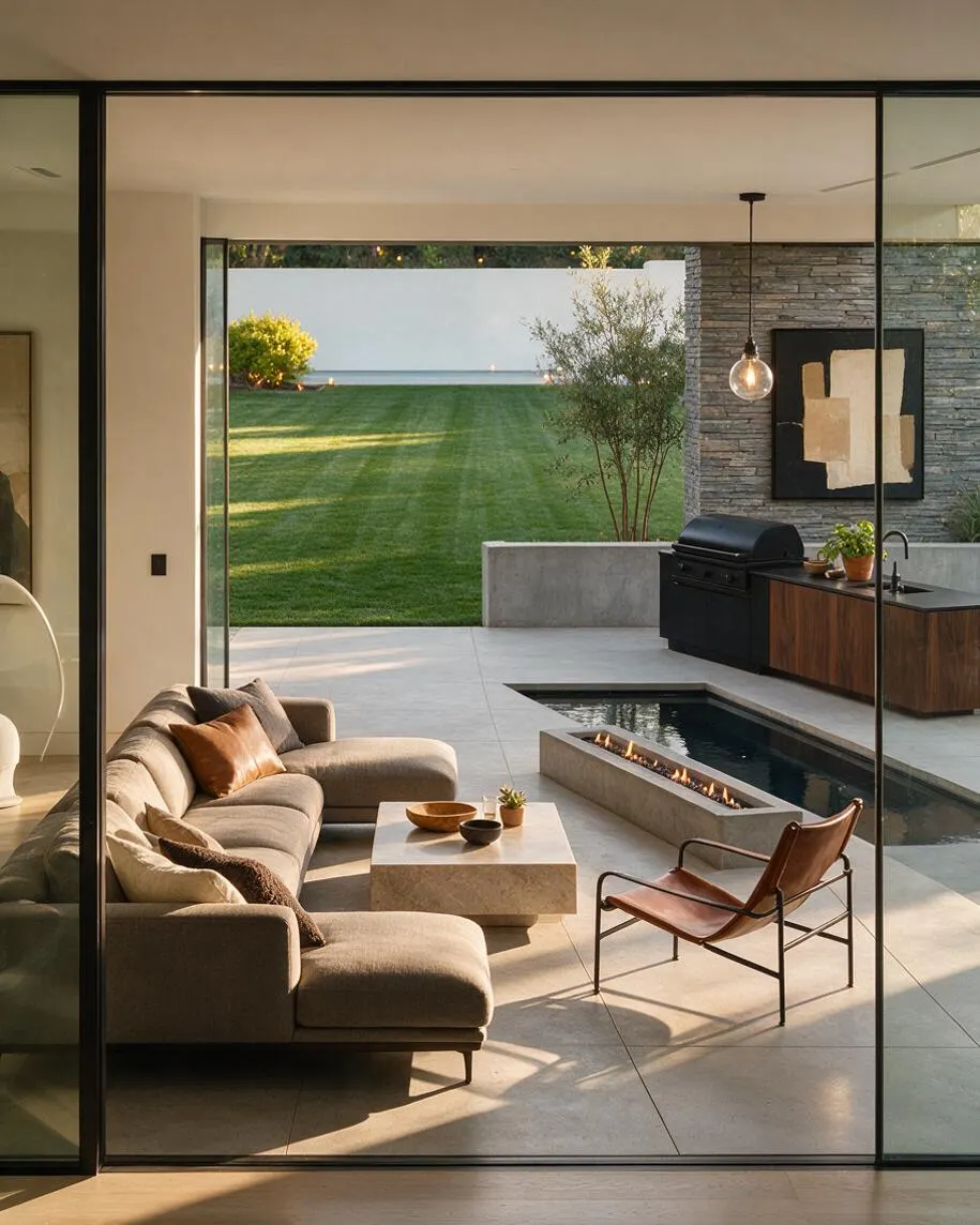 A modern backyard patio viewed through large sliding glass doors, featuring a taupe sectional, a low stone coffee table, and a leather sling chair around a linear fire pit. Beyond the seating area are a built-in outdoor grill, stacked-stone accent wall, and a wide green lawn framed by clean white walls.