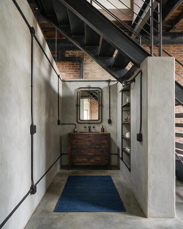 A narrow industrial powder room sits beneath a black metal staircase, with plaster walls, exposed brick, and visible black conduit lines. At the back is a rustic dark wood vanity with a framed mirror, and a built-in shelf on the right holds towels and small items above a concrete floor and blue runner rug.