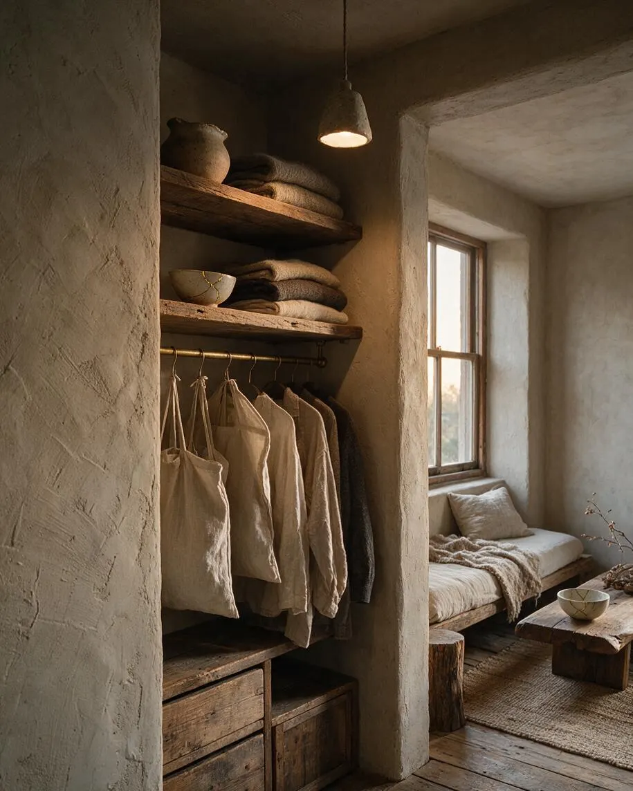 A softly lit closet nook with rough plaster walls, open wooden shelves, and a hanging rail of neutral-toned garments. Folded textiles, ceramic bowls, and raw wood drawers sit beneath a small pendant light, while a window-adjacent bench and rustic table continue the calm, earthy Wabi-Sabi atmosphere.