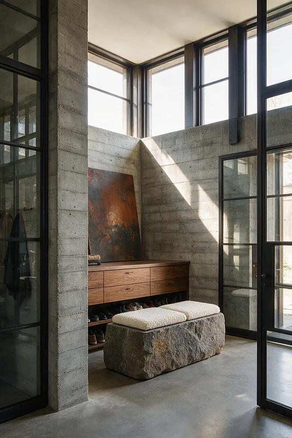 A Brutalist mudroom with exposed concrete walls, tall black-framed windows, and a warm wood storage cabinet with open shoe cubbies. In front sits a rough-hewn stone bench topped with two light upholstered cushions, while sunlight streams in and highlights the minimalist, industrial atmosphere.
