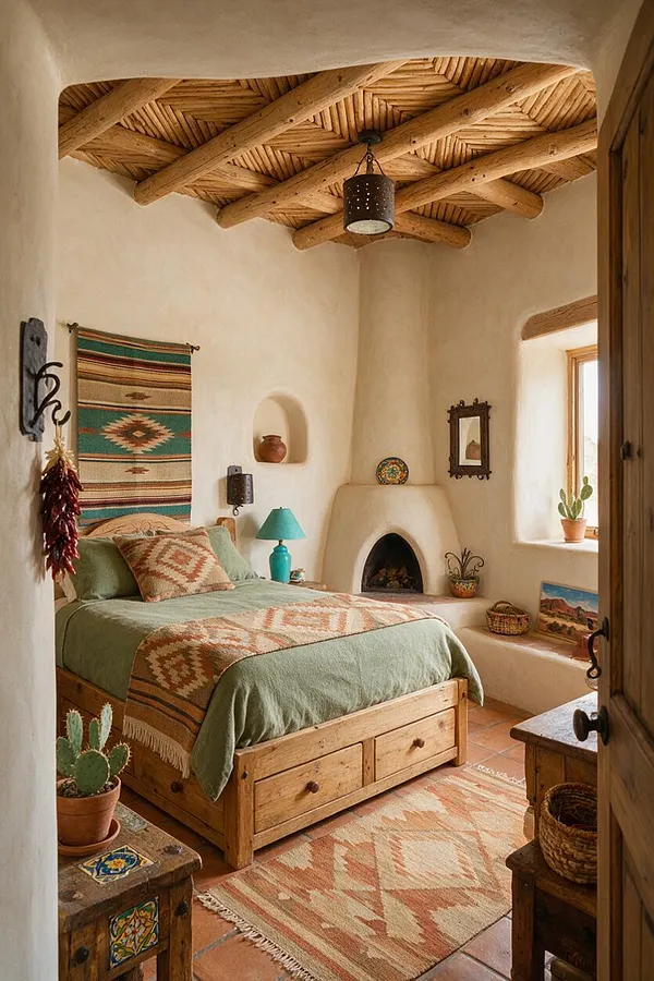 A Southwestern-style guest bedroom with a wooden bed frame, sage green bedding, and patterned woven textiles. The room features plaster walls, a curved adobe fireplace, exposed wood beam ceiling, terracotta tile floor, and handcrafted decor with colorful accents.