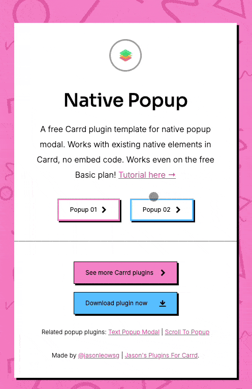 The image displays a promotional interface for the Native Popup plugin for Carrd.