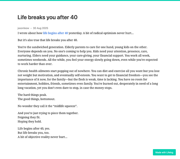 The image features a blog post discussing the challenges of life after 40.