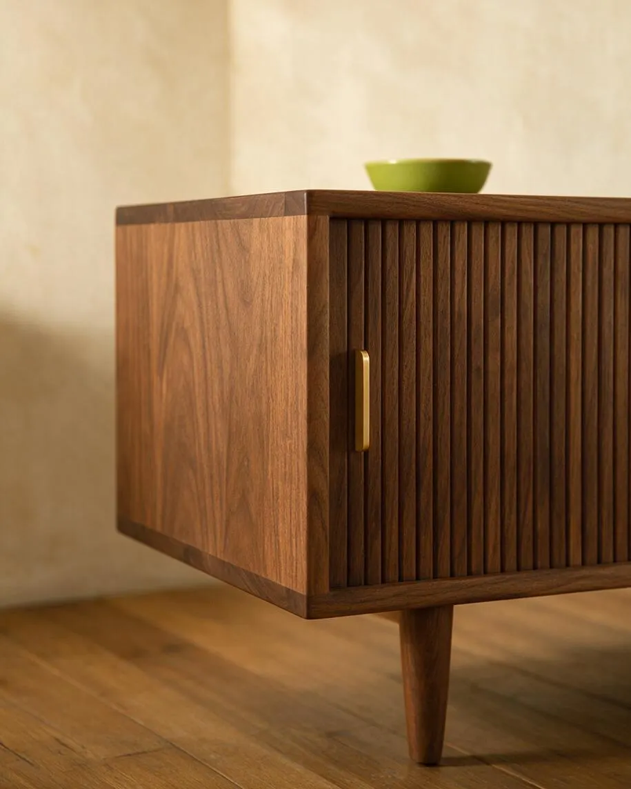 A close-up view of a mid-century modern walnut credenza with a fluted front panel, tapered wooden leg, and slim brass pull. The piece sits on a warm wood floor against a soft beige wall, with a small green bowl placed on top.