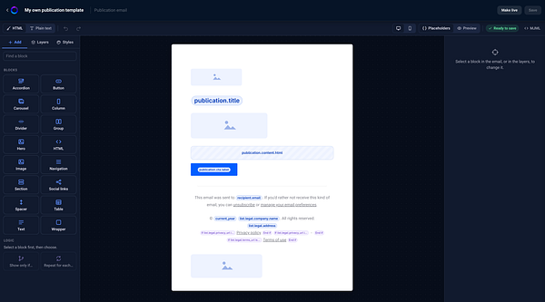 Screenshot of an email template editor interface showing a layout for editing a publication email with draggable blocks and placeholder text.