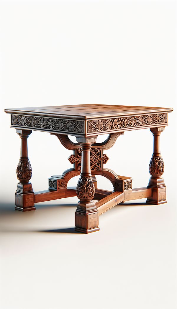 a wooden dining table with intricately carved cross stretchers connecting its four legs, showcasing traditional craftsmanship