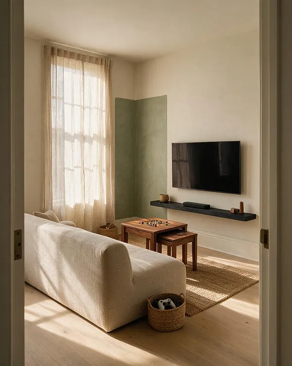 A calm Japandi-style game room with a cream sofa, a small wooden game table, a wall-mounted TV on a slim black shelf, and a tall window dressed in sheer curtains. Natural light fills the room, highlighting the light wood floor, woven rug, green accent wall, and simple baskets.