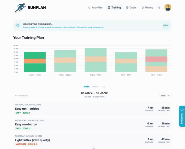 Screenshot of a fitness training plan generator interface showing an automatically updating workout routine with exercise names, sets, reps, and rest times.