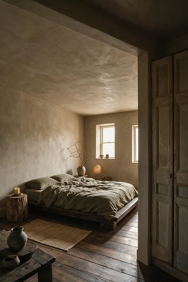 A serene master bedroom with a low wooden platform bed dressed in wrinkled olive-green linens, set against soft beige plaster walls and ceiling. Rustic wood floors, a tree-stump side table, woven rug, ceramic vessels, and a simple window create a quiet, natural Wabi-Sabi atmosphere.