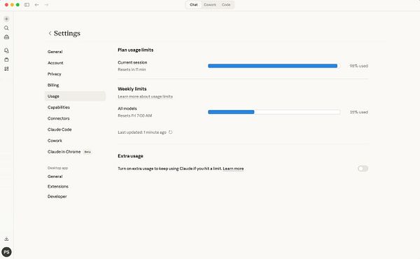 Screenshot of an activity log showing the usage percentage of Claude AI, with detailed event entries and a highlighted usage milestone.
