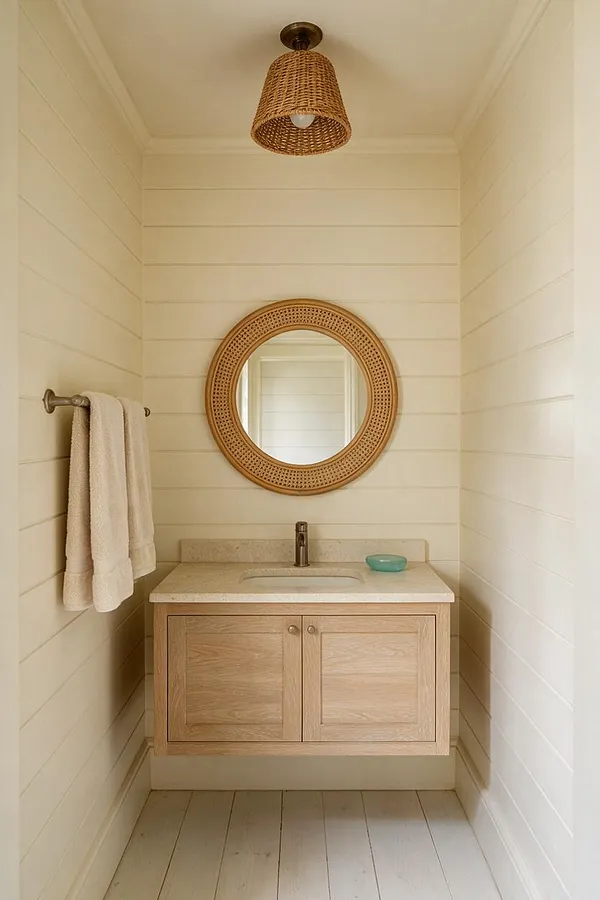 A narrow coastal powder room with white shiplap walls, a woven rattan pendant light, and a round rattan-framed mirror above a floating light wood vanity. The vanity has a pale stone countertop, a small dark faucet, a towel bar with white towels, and soft neutral finishes throughout.