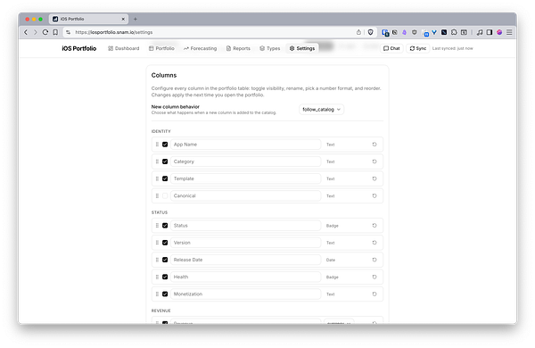 Screenshot of a portfolio table preferences screen in an iOS app showing configurable columns and options for views, with toggle switches and selection items.