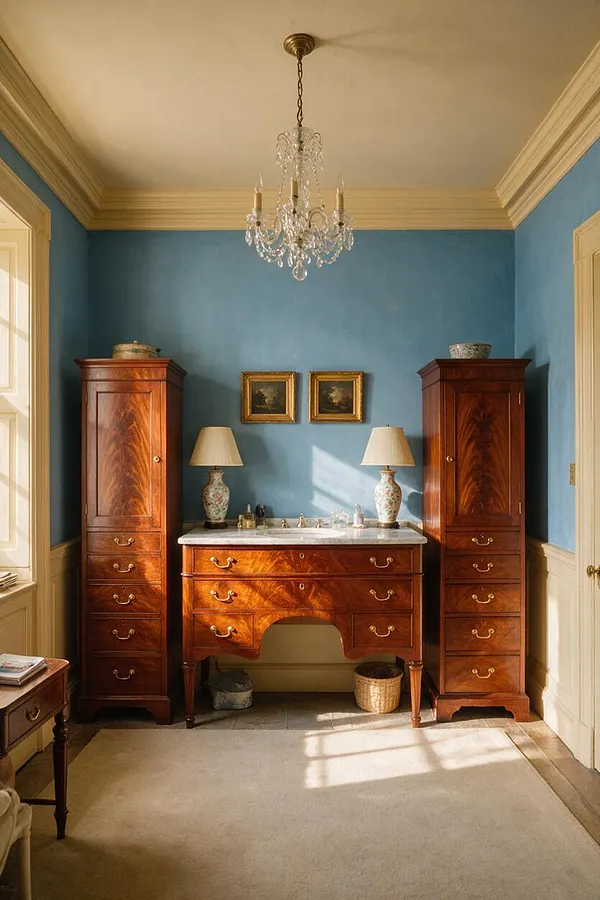 A traditional powder room with blue walls, cream crown molding, and a crystal chandelier centered on the ceiling. A polished wood vanity with marble top sits between two tall matching storage cabinets, with lamps and small framed art adding symmetry and classic elegance.