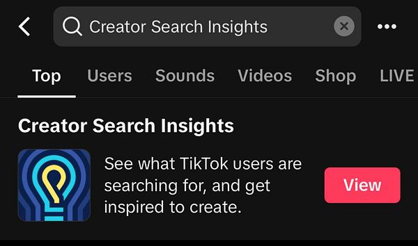 The image displays a TikTok interface featuring the Creator Search Insights section.