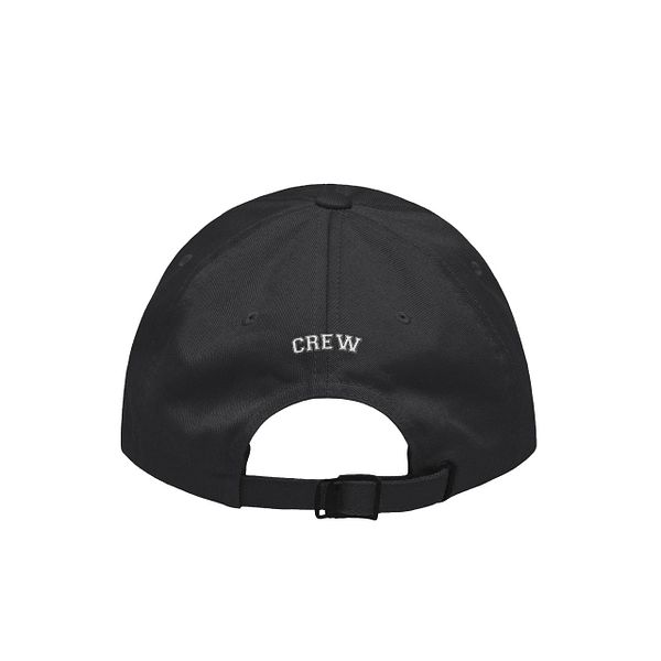 A black baseball cap featuring the word 'CREW' embroidered on the back.