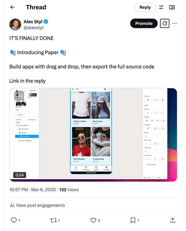 A promotional tweet introducing a new app-building tool called Paper, featuring a user interface design.