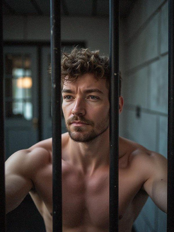 A man with curly hair and a beard gazes thoughtfully through prison bars.