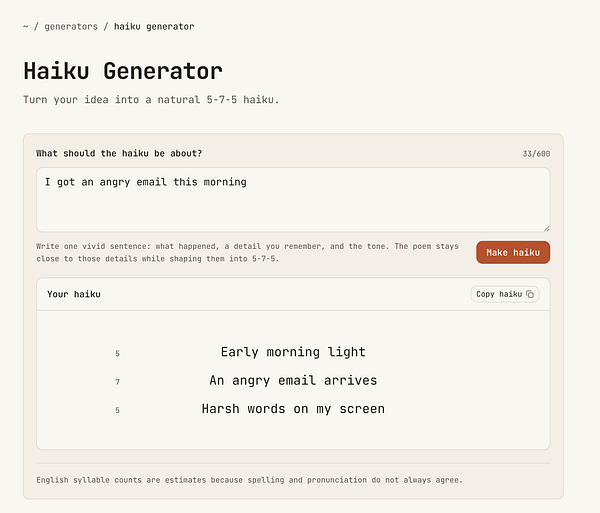 Screenshot of a haiku generator web interface with input fields and a generated haiku poem.