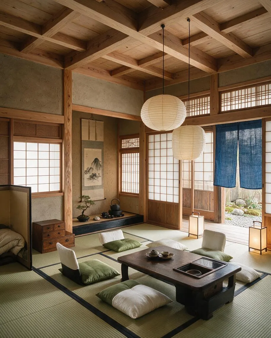 A Japanese Zen-style studio apartment with tatami mat flooring, low floor seating, and a dark wooden table centered on the floor. Shoji screens, exposed timber beams, paper lanterns, and blue noren curtains create a calm, traditional atmosphere with a small indoor alcove and garden view.