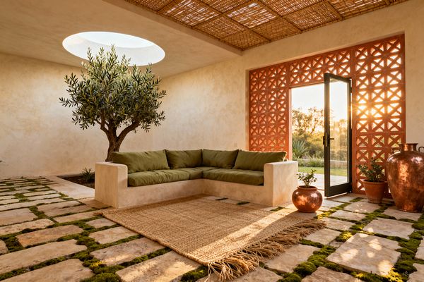 A sunlit biophilic living room features a built-in plaster L-shaped sofa with olive-green cushions beside an indoor olive tree growing beneath a circular skylight. Terracotta breeze-block walls, a black-framed glass door, tumbled limestone pavers with moss joints, a woven jute rug, reed ceiling panels, lime-washed walls, and copper pots create an earthy indoor–outdoor space in warm evening light.