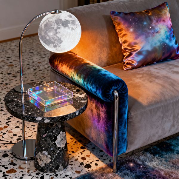 A close-up of a living room corner shows a taupe velvet sofa with a rolled arm upholstered in galaxy-hued velvet and a satin pillow printed with nebula colors. Beside it, a black-and-white marble pedestal side table holds an iridescent acrylic tray and a chrome-arched lamp with a glowing moon globe, set on terrazzo flooring and a starry rug, with warm ambient light contrasting cool lunar illumination.
