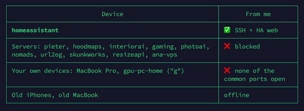 A terminal-style table listing devices under 'homeassistant' with their connectivity and port status.
