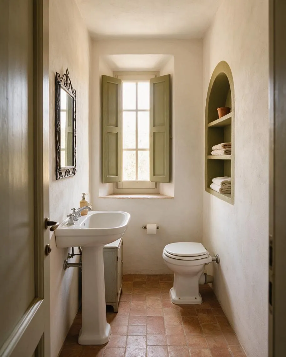 A narrow Mediterranean-style powder room with white plaster walls, terracotta tile flooring, and a pedestal sink on the left. A small window with olive green shutters brings in soft daylight, while an arched wall niche on the right holds folded towels and pottery.